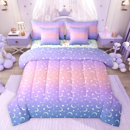 jejeloiu Blue Purple Ombre 7-Piece Twin Bedding Sets,Starry Sky Star Bedding Comforter Set For Kids Reversible