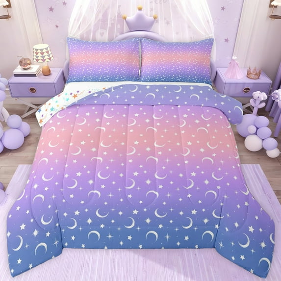 jejeloiu Blue Purple Ombre Queen Comforter Set,Starry Sky Star Bedding Comforter Set For Kids Reversible 3 Pieces