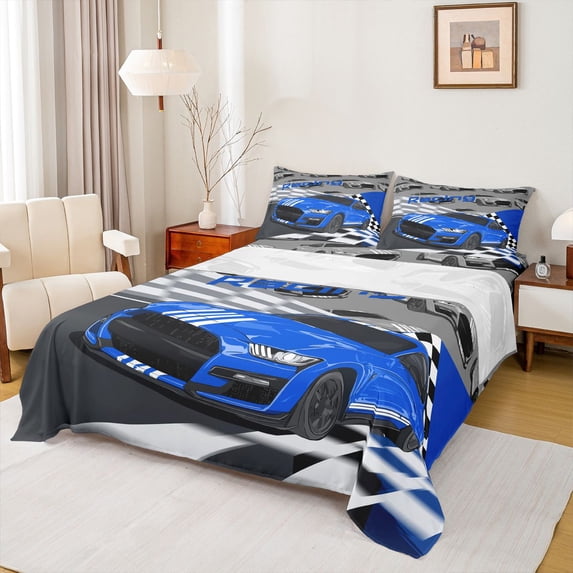 jejeloiu Blue Racing Car Bed Sheets,Speed Sport Games King Sheets For Boys Teens 4 Pieces