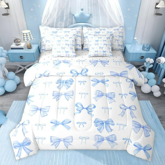 jejeloiu Blue Ribbon Bowknot 7 Pieces Bedding Comforter Set,Cute Cartoon Bowtie Full Bedding Set For Girls Reversible