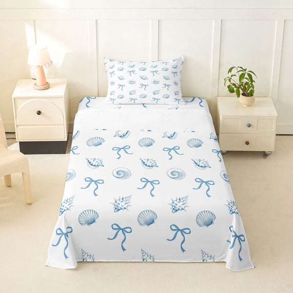 jejeloiu Blue Seashell Bow Twin Sheets For Girls,Coastal Pattern Bedding,Blue White,3pcs,1 Fitted Sheet and 1 Pillowcase