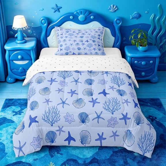 jejeloiu Blue Seashell Coral Twin Comforter Sets For Girls,Cartoon Starfish Pattern Bedding Set,Blue White,Reversible,2 Pieces,1 Comforter and 1 Pillowcase