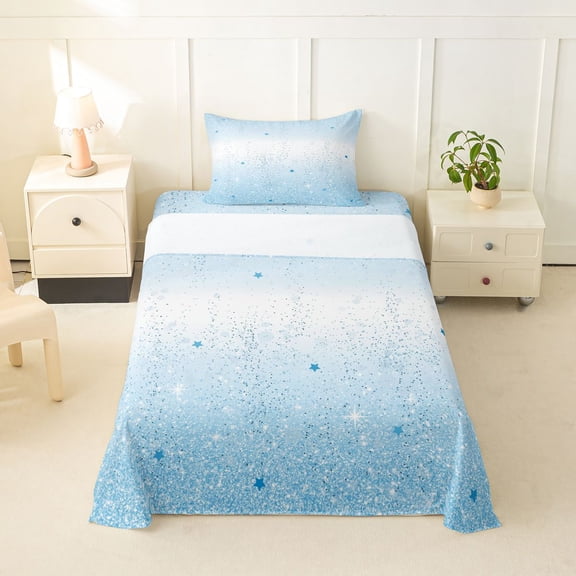 jejeloiu Blue Sequin Star Print Twin Sheet Sets Kids,Modern Aesthetic Art Bedding For Girls,3pcs