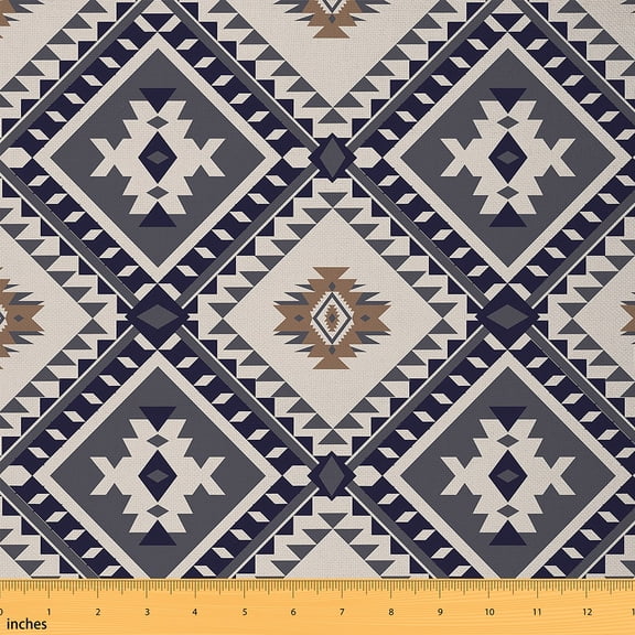 jejeloiu Blue Southwestern Geometric Fabric by the Yard 3 Yards,Beige Boho Hohemain Sewing Fabric,Indian Tribal Geometric Fabric for Sewing,Luxury Bedroom Decor
