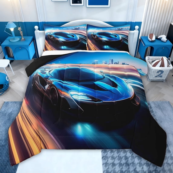 jejeloiu Blue Sport Car Queen Comforter Set,Speed Game Car Bedding Comforter Set For Racing Gamer Reversible 3 Pieces
