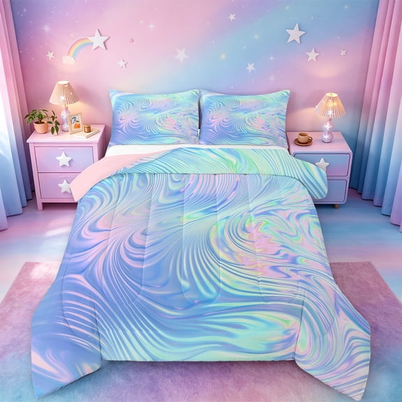 jejeloiu Blue Swirl Background Queen Comforter Set Kids,Iridescent Abstract Print Bedding Comforter Set For Girls,Reversible,3pcs
