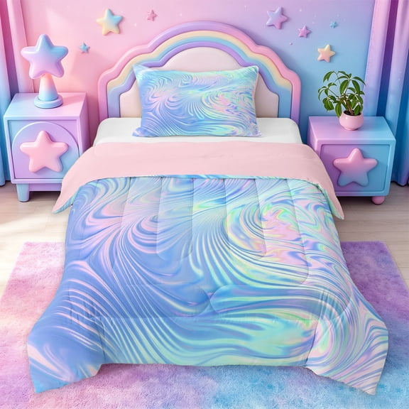 jejeloiu Blue Swirl Background Twin Comforter Sets Kids,Iridescent Abstract Print Bedding Set For Girls,Reversible,2-Piece