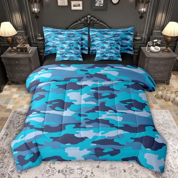 jejeloiu Blue Vintage Camo 7-Piece Bedding Comforter Set,Western Farmhouse Camouflage King Bedding Sets For Boys Men Reversible