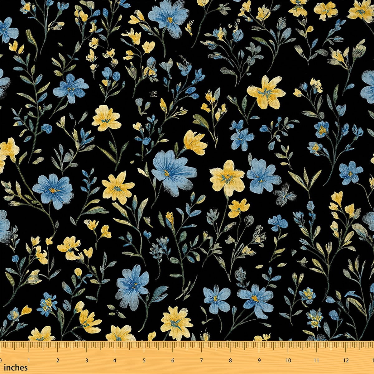 jejeloiu Blue Yellow Flower Fabric by the Yard 1 Yard, Spring Garden Blossoms Home Decor Fabric by the Yard, Botanical Floral Leaves Room Decor Fabric by the Yard, Black Green