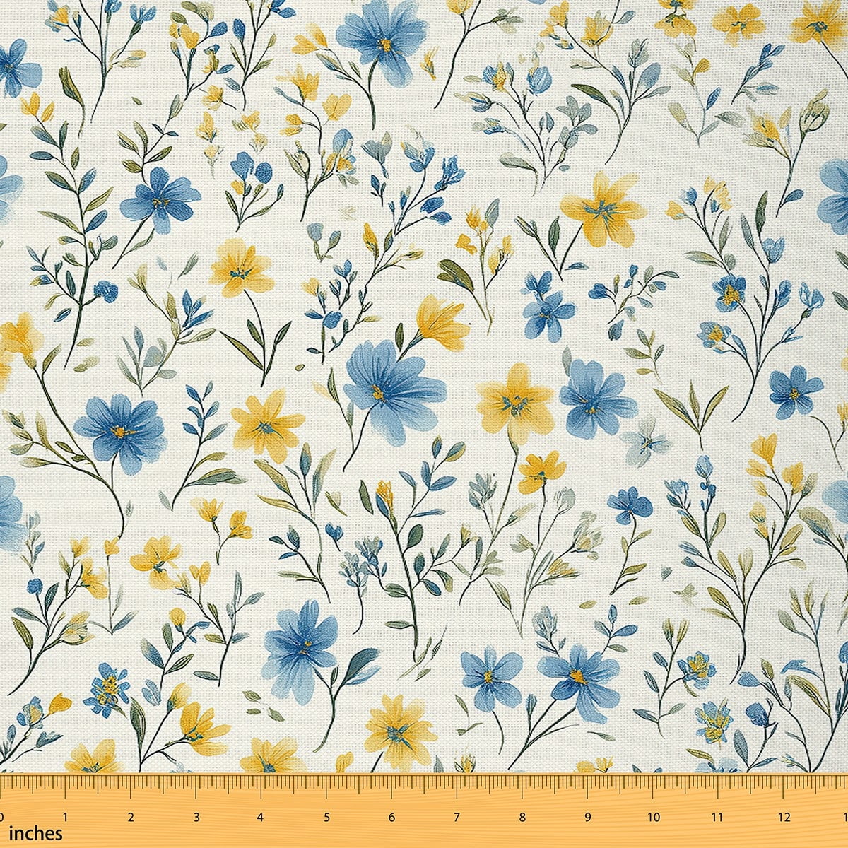 jejeloiu Blue Yellow Flower Fabric by the Yard 2 Yards, Spring Garden Blossoms Room Decor Fabric by the Yard, Botanical Floral Leaves Sewing Fabric, Beige Green
