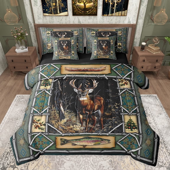 jejeloiu Bohe Aztec Pattern 7 Pieces Bedding Comforter Set,Rustic Farmhouse Hunting Full Bedding Set,Wile Fish Deer Fitted Sheet Flat Sheet For Boys Kids,Breathable Home Decor Reversible