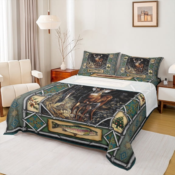 jejeloiu Bohe Aztec Pattern Full Size Sheets,Rustic Farmhouse Hunting Bed Sheets,Wile Fish Deer Sheet Sets For Boys Kids,Breathable Home Decor,4-Piece