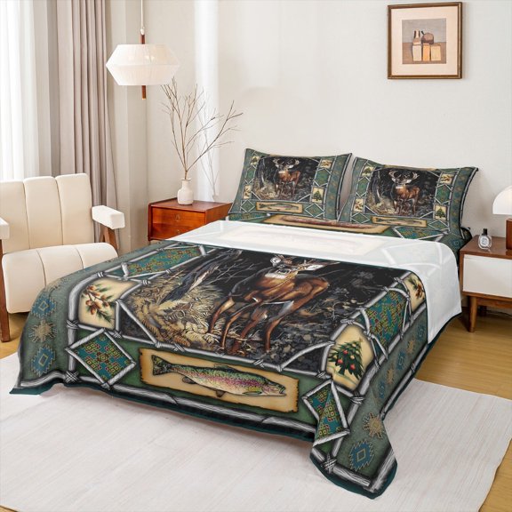 jejeloiu Bohe Aztec Pattern Queen Sheet Sets,Rustic Farmhouse Hunting Flat Sheet,Wile Fish Deer Queen Fitted Sheet For Boys Kids,Breathable Home Decor,4 Pieces