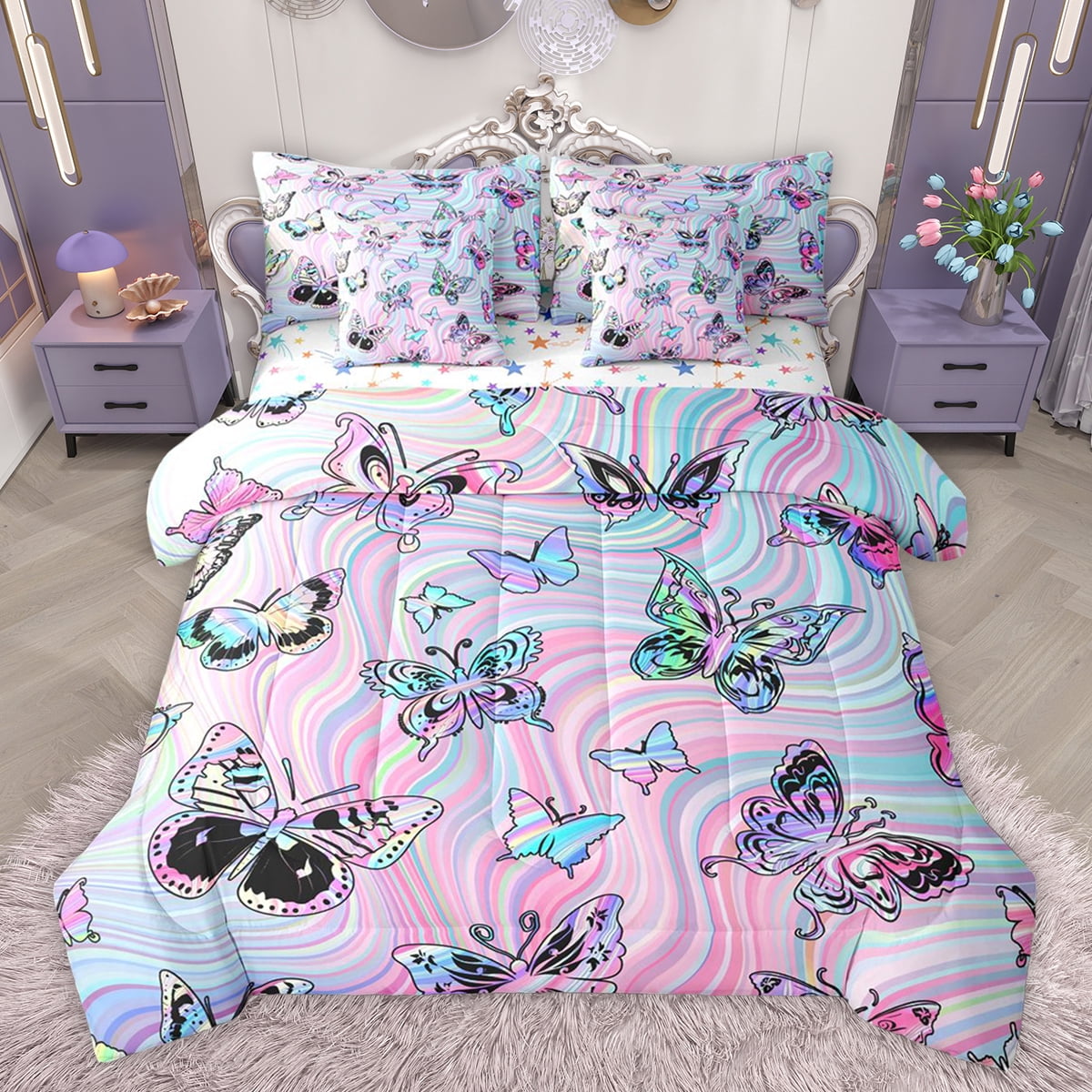 jejeloiu Bohemian Cartoon Butterflies 7-Piece Twin Bedding Sets,Colorful Fulid Art Bedding Comforter Set,Pink Blue Ombre Sheet Sets For Girls Teens,Super Cozy Room Decor Reversible