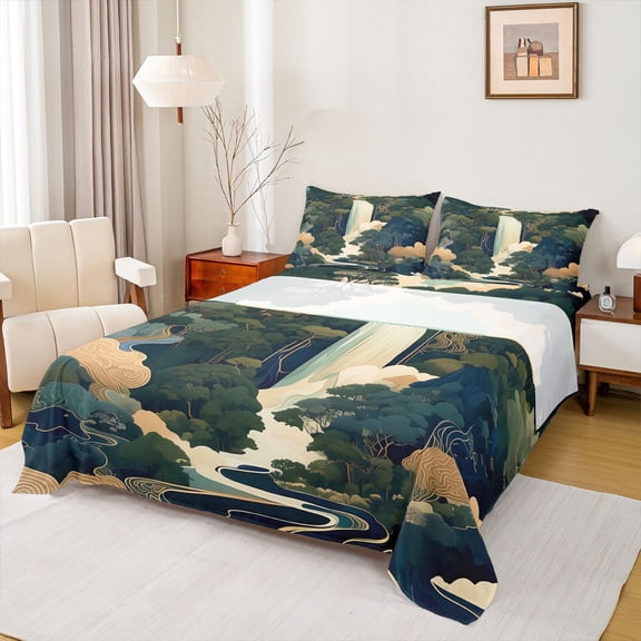 jejeloiu Bohemian Exotic Queen Sheet Set (4-Piece) Japanese Waterfall Beige Brown Ultra Soft Decor For Adults