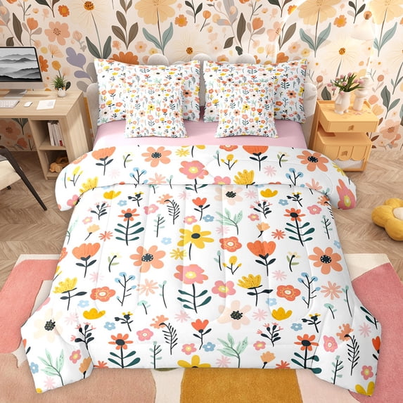 jejeloiu Bohemian Flower 7-Piece Bedding Comforter Set,Cute Cartoon Floral King Bedding Sets,Watercolor Nature Plants Bed Sheets For Kids,Luxury Bedroom Decor Reversible