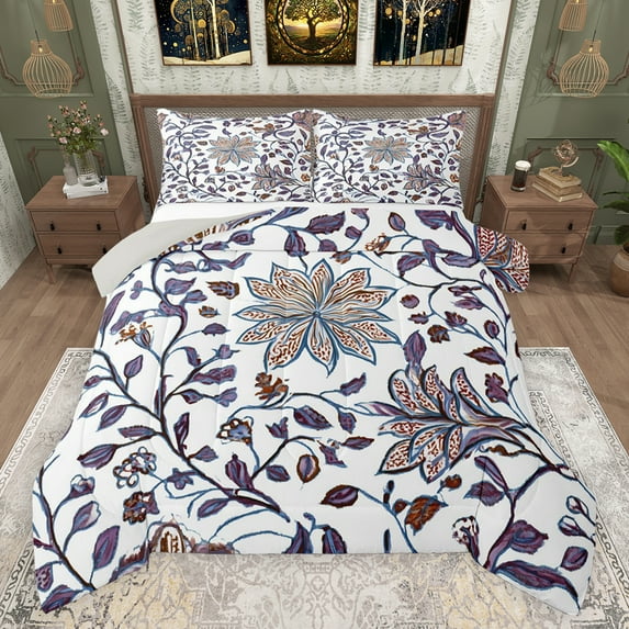 jejeloiu Bohemian Flower Queen Comforter Set,Rustic Plant Leaf Bedding Sets,Purple White Bedding Comforter Set For Adults,Breathable Home Decor Reversible,3 Pieces