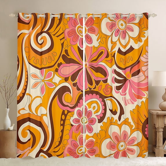 jejeloiu Bohemian Flowers Curtains Pack of 2 (42x84 Each),Vintage Boho Floral Curtains Blackout,Orange Beige Pink Bedroom Curtains For Kids,Breathable Home Decor