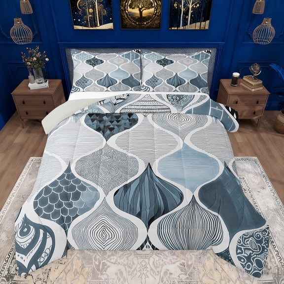 jejeloiu Bohemian Geometric Stripes Bedding Comforter Set,Vintage Waves Line Twin Comforter Sets,Gray Blue Bedding Set For Luxury Bedroom Decor Reversible,2 Pieces