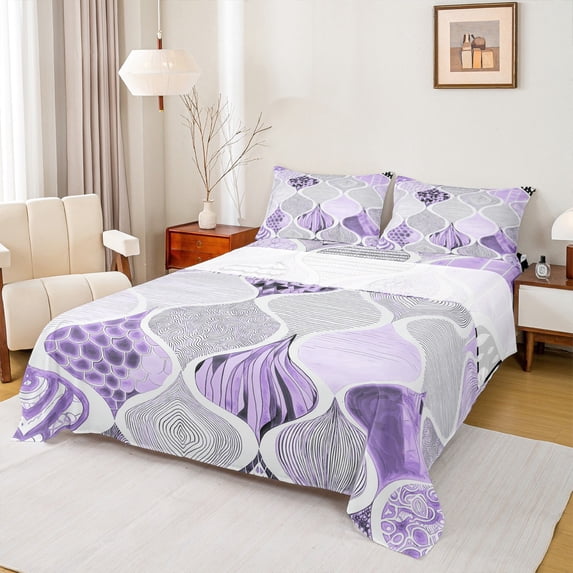 jejeloiu Bohemian Geometric Stripes Full Size Sheets,Vintage Waves Line Bed Sheets,Purple White Black Sheet Sets For Luxury Bedroom Decor,4 Pieces