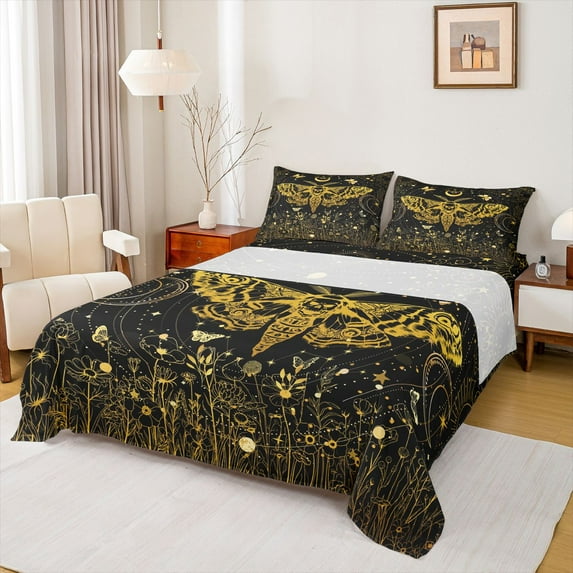 jejeloiu Bohemian Moth Full Size Sheets,Boho Exotic Style Bed Sheets,Gold Black Sheet Sets For Men Women,Super Cozy Room Decor,4pcs