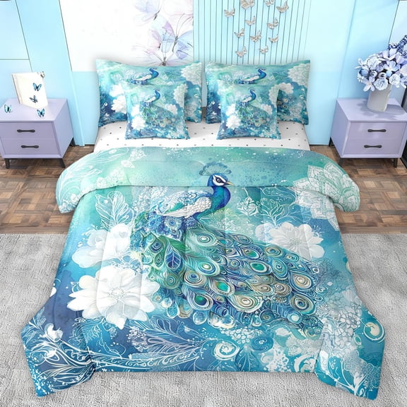 jejeloiu Bohemian Peacock 7-Piece Twin Bedding Sets,Vinatge Floral Flowers Bedding Comforter Set,White Cyan Sheet Sets For Teens,Super Cozy Room Decor Reversible