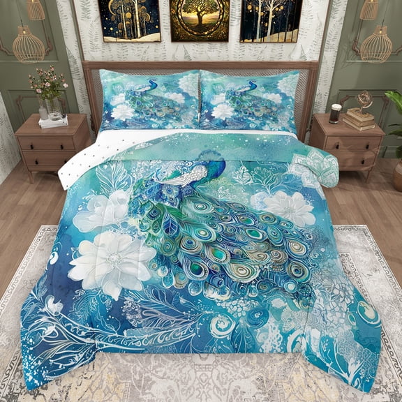 jejeloiu Bohemian Peacock Bedding Comforter Set,Vinatge Floral Flowers Twin Comforter Sets,White Cyan Bedding Set For Teens,Super Cozy Room Decor Reversible,2-Piece