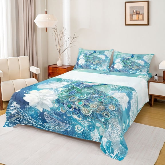 jejeloiu Bohemian Peacock Queen Sheet Set (4-Piece) Vintage Floral White Cyan Cozy Decor For Teens