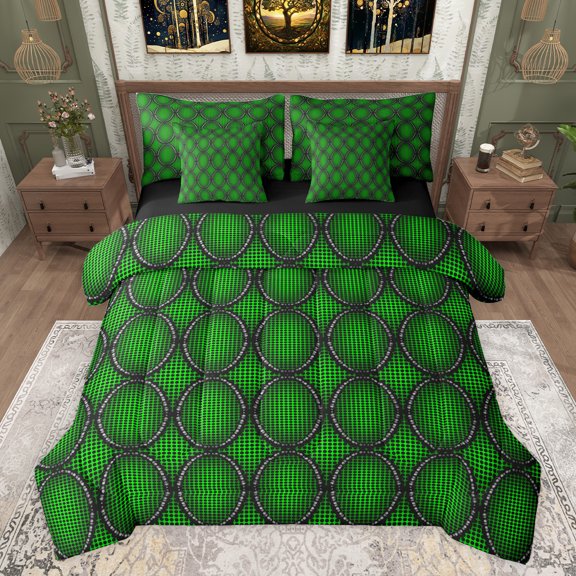 jejeloiu Bohemian Rhombus Pattern 7-Piece Twin Bedding Sets,Modern Abstract Geometric Bedding Comforter Set,Green Black Sheet Sets For Kids,Microfiber Bedroom Decor Reversible