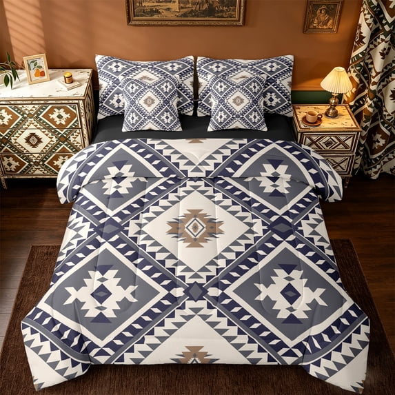 jejeloiu Bohemian Rhombus Triangle 7 Pieces Bedding Comforter Set,Retro Aztec Geometric Full Bedding Set,Deepblue Beige Fitted Sheet Flat Sheet For Adult,Microfiber Bedroom Decor Reversible