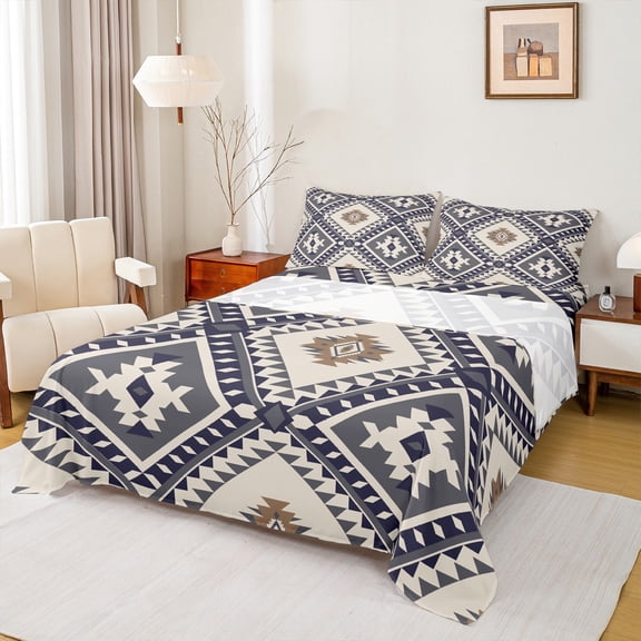 jejeloiu Bohemian Rhombus Triangle Full Size Sheets,Retro Aztec Geometric Bed Sheets,Deepblue Beige Sheet Sets For Adult,Microfiber Bedroom Decor,4 Pieces