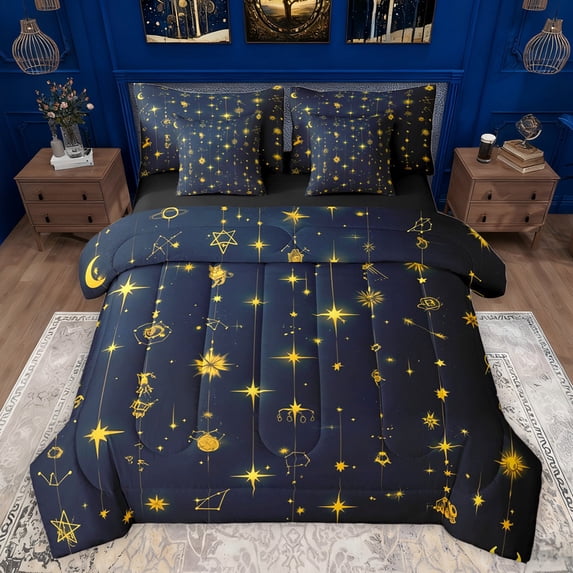 jejeloiu Bohemian Style 7pcs Bedding Comforter Set,Boho Stras Print Queen Bedding Sets,Deepblue Gold Queen Sheet Sets For Men Women,Breathable Home Decor Reversible