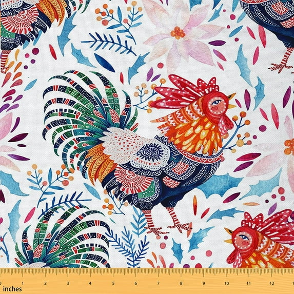 jejeloiu Bohemian Style Chicken Fabric by the Yard 1 Yard,Retro Boho Theme Home Decor Fabric by the Yard,Red White Sewing Fabric,Ultra Soft Home Decor