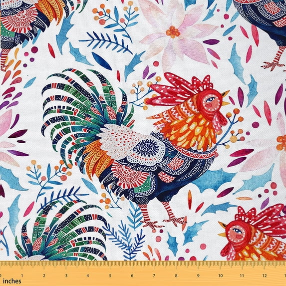 jejeloiu Bohemian Style Chicken Fabric by the Yard 2 Yards,Retro Boho Theme Room Decor Fabric by the Yard,Red White Fabric for Sewing,Ultra Soft Home Decor