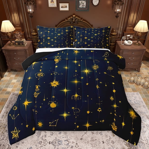 jejeloiu Bohemian Style Queen Comforter Set,Boho Stras Print Bedding Sets,Deepblue Gold Bedding Comforter Set For Men Women,Breathable Home Decor Reversible,3-Piece