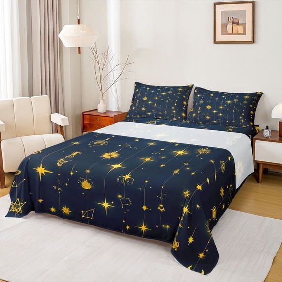 jejeloiu Bohemian Style Twin Sheet Sets,Boho Stras Print Twin Fitted Sheet,Deepblue Gold Flat Sheet For Men Women,Breathable Home Decor,3 Pieces