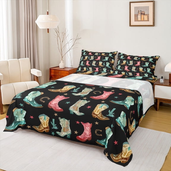 jejeloiu Bohemian Vintage Boots Twin Sheet Set (3-Piece) Western Cowgirl Farm Cozy Decor For Teens