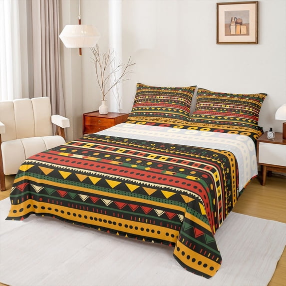 jejeloiu Bohemian Aztec Queen Sheets For Men Women,Colorful Tribal Queen Sheet Sets,Multicolor Black,4pcs,1 Flat Sheet, 1 Fitted Sheet and 2 Pillowcases