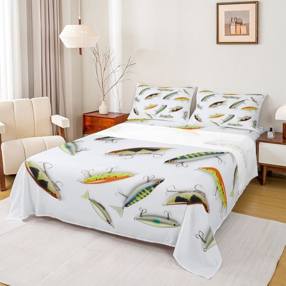jejeloiu Bohemian Cartoon Fish Bed Sheets,Fishhook King Sheets For Boys Girls 4pcs