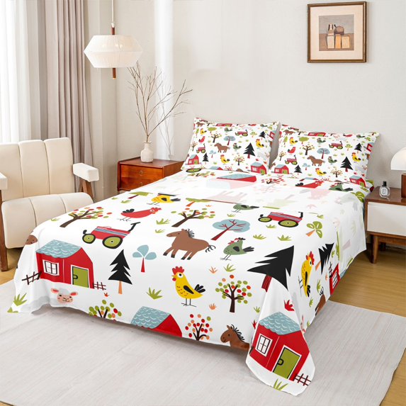 jejeloiu Bohemian Chicken Farm Horse Queen Sheet Sets,Rustic Farmhouse Cabin Bed Set For Teens 4 Pieces