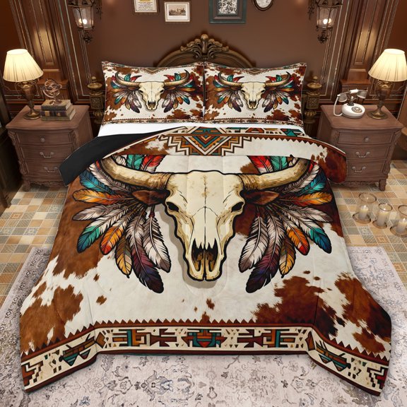 jejeloiu Bohemian Exotic Style Queen Comforter Set,Brown Beige Cowhide Bedding Comforter Set For Adults Reversible 3pcs