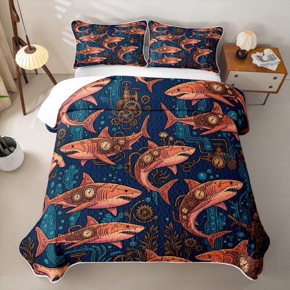 jejeloiu Bohemian Shark Design Bed Spread Queen,Vintage Mechanical Underwater Art Queen Coverlet Set For Boys,3pcs