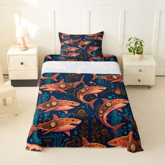 jejeloiu Bohemian Shark Design Twin Sheets,Vintage Mechanical Underwater Art Bedding For Boys,3 Pieces,1 Fitted Sheet and 1 Pillowcase