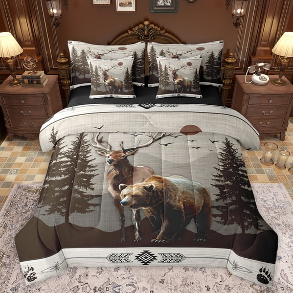 jejeloiu Boho Aztec Tribal 7-Piece Bedding Comforter Set,Wildlife Bear Bear King Bedding Sets,Gray Brown Bed Sheets For Teens,Breathable Home Decor Reversible