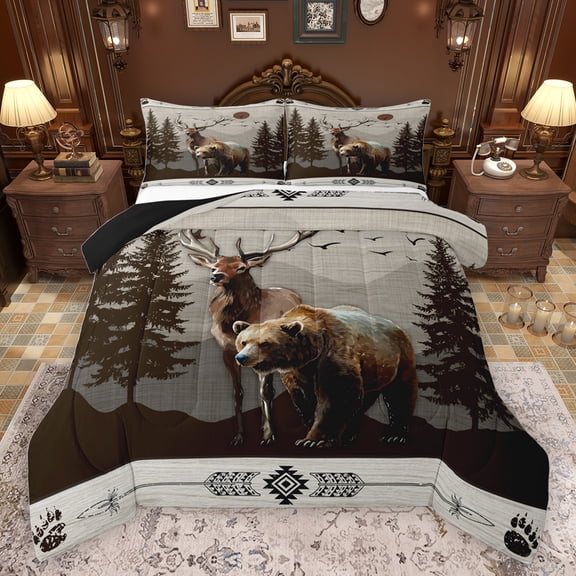 jejeloiu Boho Aztec Tribal Bedding Comforter Set,Wildlife Bear Bear Twin Comforter Sets,Gray Brown Bedding Set For Teens,Breathable Home Decor Reversible,2pcs
