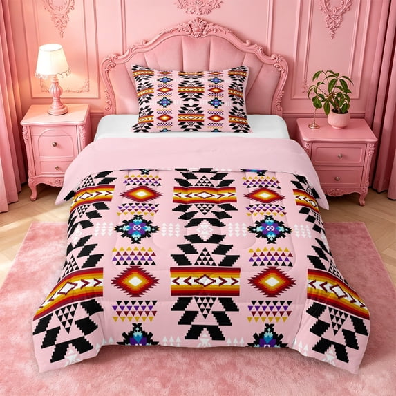 jejeloiu Boho Aztec Twin Comforter Sets For Girls,Tribal Geometric Bedding Set,Pink,Pink Reversible,2 Pieces,1 Comforter and 1 Pillowcase