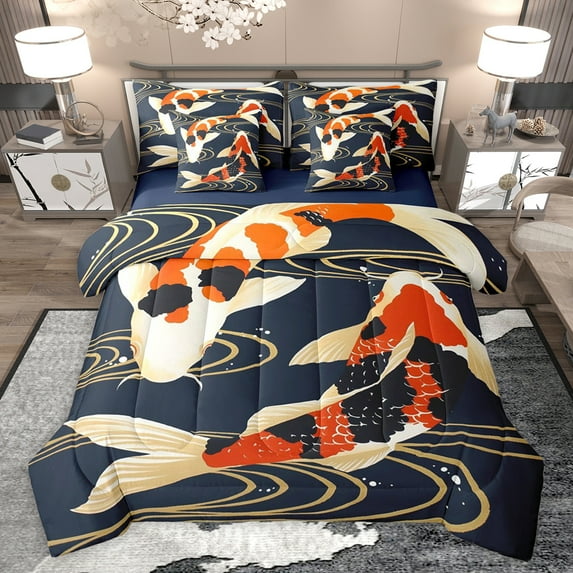 jejeloiu Boho Bohemian Fish 7-Piece Twin Bedding Sets,Japanese Style Bedding Comforter Set,Beige Red Black Sheet Sets For Men Women,Ultra Soft Home Decor Reversible