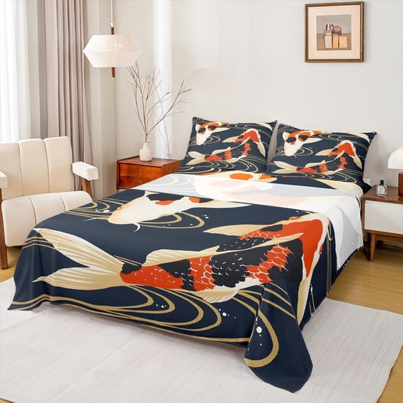 jejeloiu Boho Bohemian Fish Twin Sheet Sets,Japanese Style Twin Fitted Sheet,Beige Red Black Flat Sheet For Men Women,Ultra Soft Home Decor,3pcs