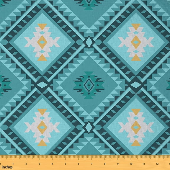 jejeloiu Boho Bohemian Geometric Fabric by the Yard 1 Yard,Ancient Aztec Geometric Home Decor Fabric by the Yard,Cyan White Sewing Fabric,Microfiber Bedroom Decor