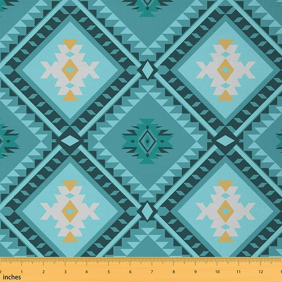 jejeloiu Boho Bohemian Geometric Fabric by the Yard 2 Yards,Ancient Aztec Geometric Room Decor Fabric by the Yard,Cyan White Fabric for Sewing,Microfiber Bedroom Decor